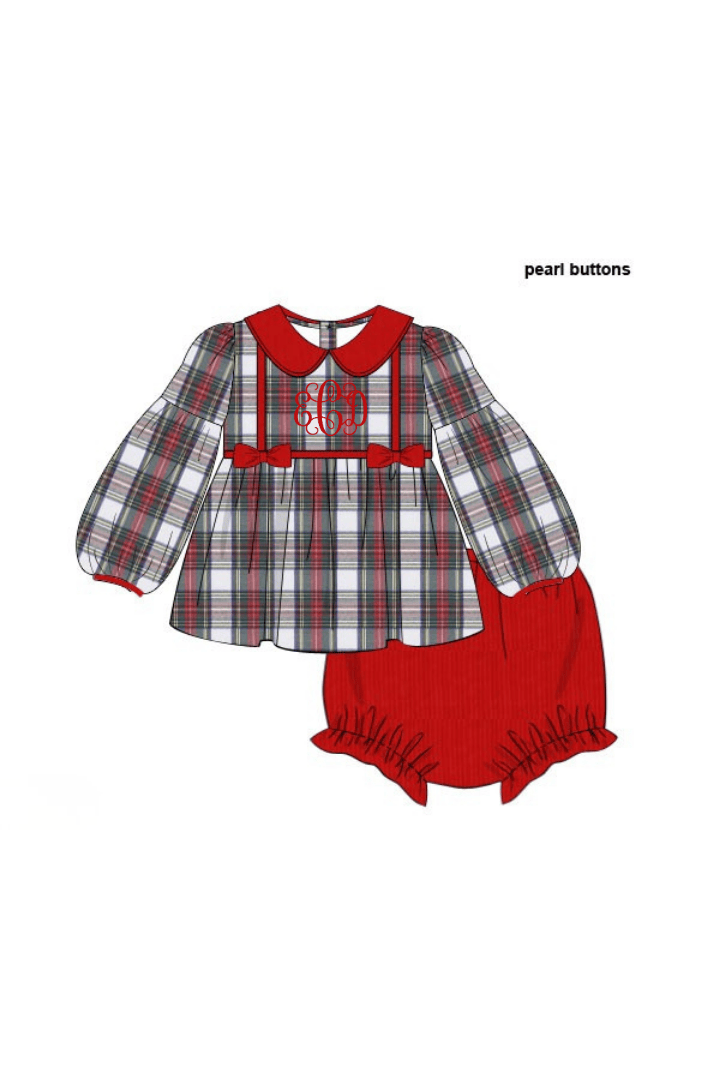 The Smocked Flamingo Apparel & Accessories Red Tartan Plaid/Corduroy Puff Sleeve Bloomer Set