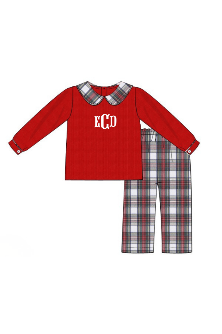 The Smocked Flamingo Apparel & Accessories Red Tartan Pliad/Corduroy Pant Set
