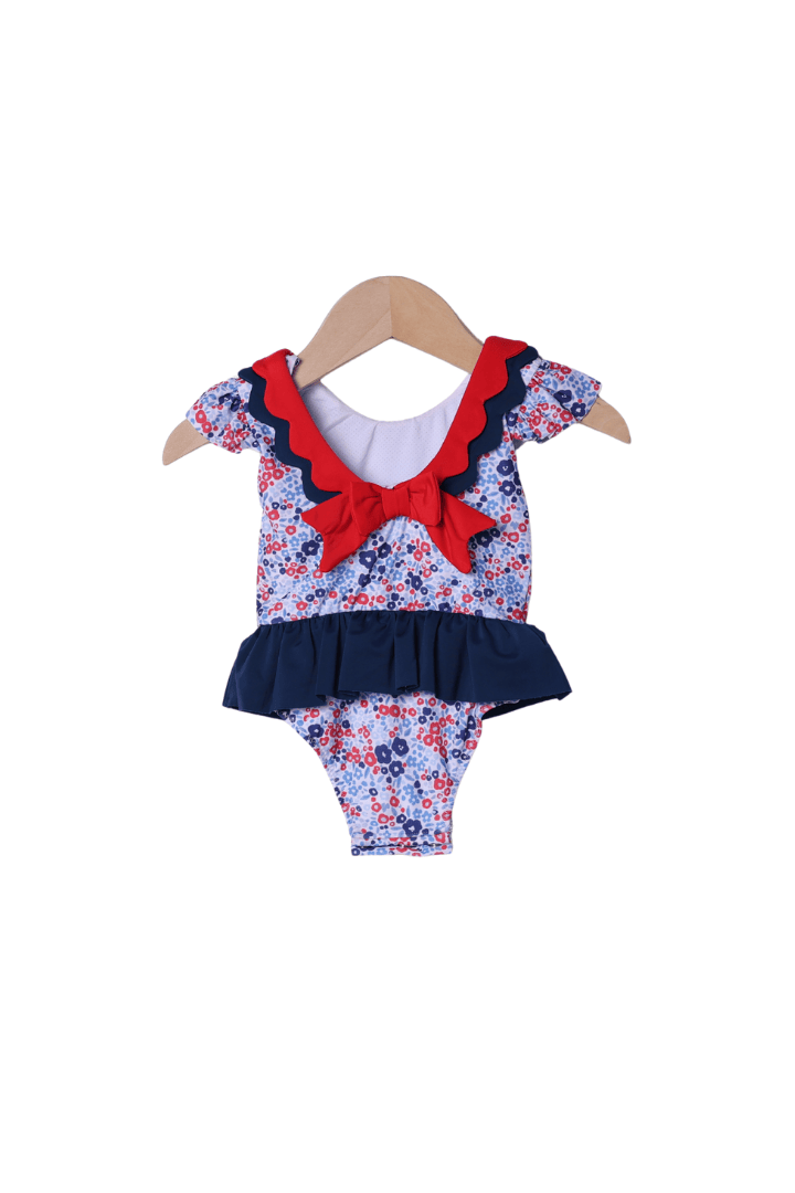 The Smocked Flamingo Apparel & Accessories Red, White and Blue Floral Scalloped Swimsuit