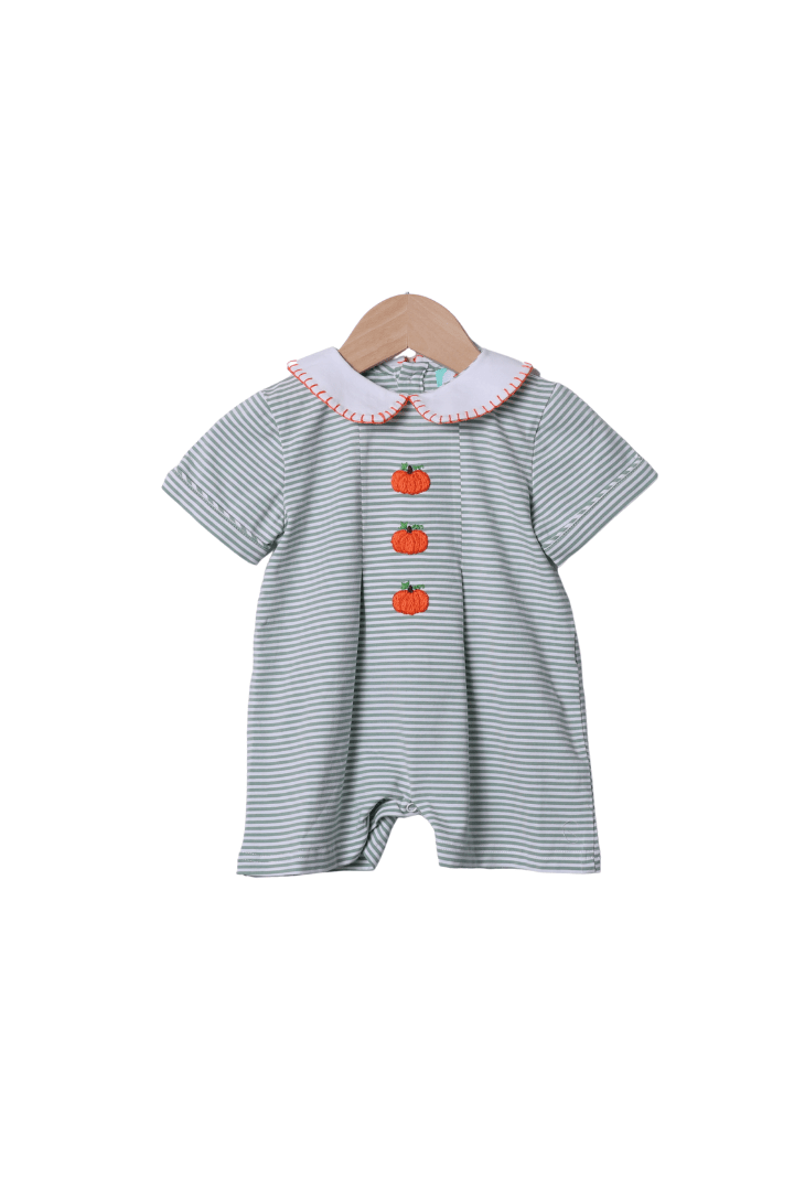 The Smocked Flamingo Apparel & Accessories Sage Stripe Pumpkin Shortall