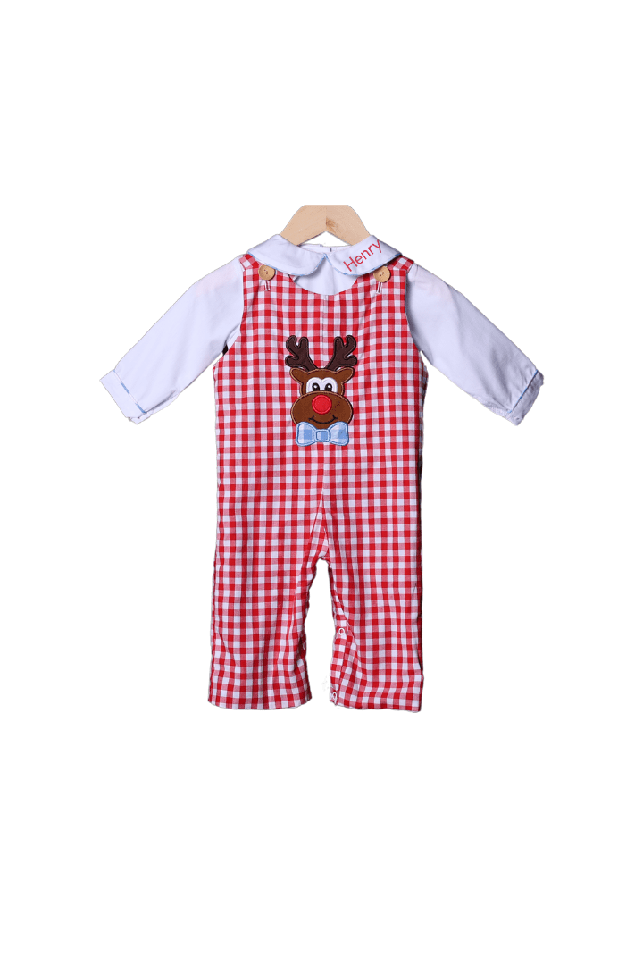 The Smocked Flamingo Apparel & Accessories Santa/Reindeer Reversible Applique Gingham Longall