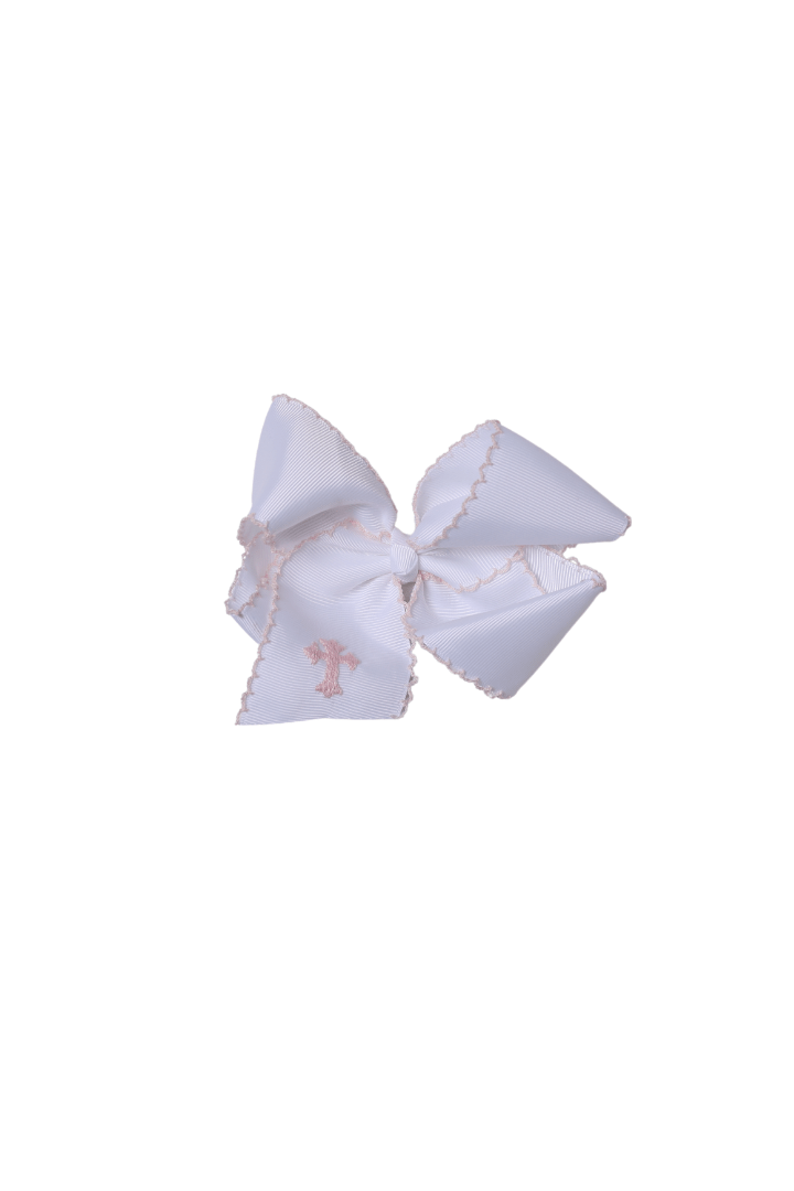 The Smocked Flamingo Apparel & Accessories Scalloped Edge Grosgrain Bow with Embroidered Cross White/Pink