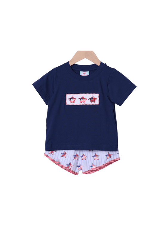 The Smocked Flamingo Apparel & Accessories Smocked American Stars Navy/Red Short Set