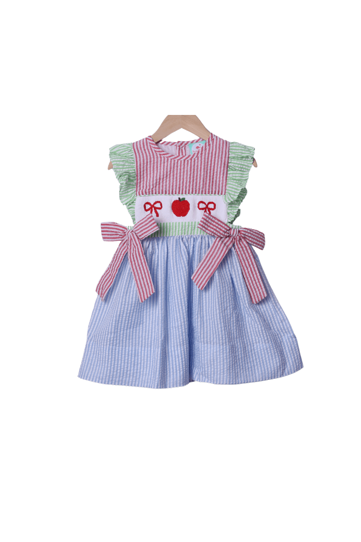 The Smocked Flamingo Apparel & Accessories Smocked Apple and Bows Seersucker Dress