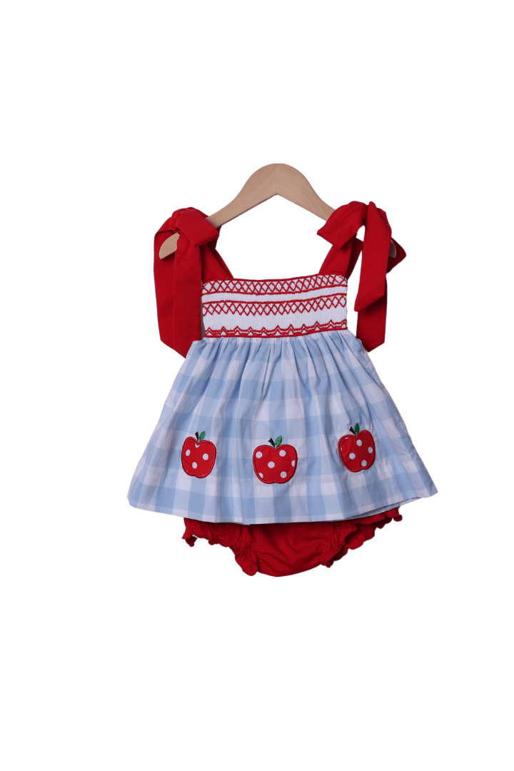 The Smocked Flamingo Apparel & Accessories Smocked Apple Red/Blue Gingham Tie Bloomer Set