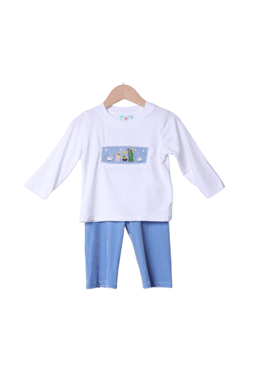 The Smocked Flamingo Apparel & Accessories Smocked Away In a Manger Blue Velvet Pant Set