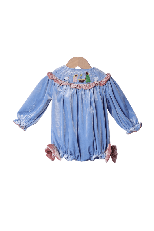 The Smocked Flamingo Apparel & Accessories Smocked Away In a Manger Blue Velvet Ruffle Bubble