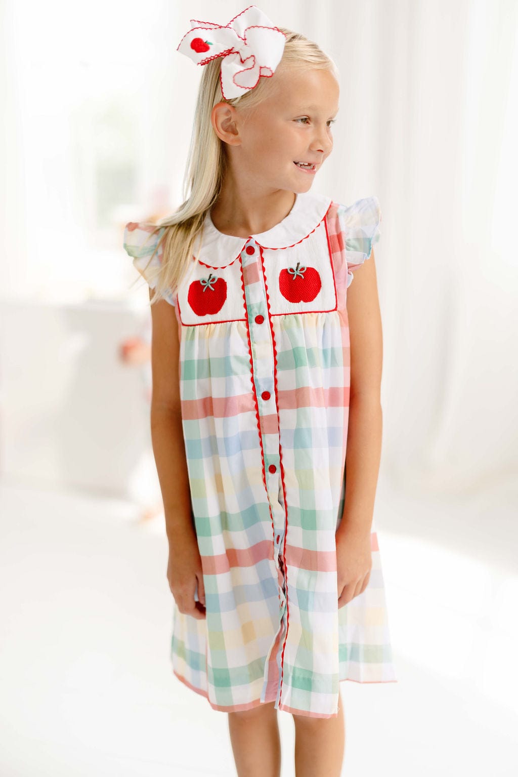 The Smocked Flamingo Apparel & Accessories Smocked Back To School Plaid Apple Dress
