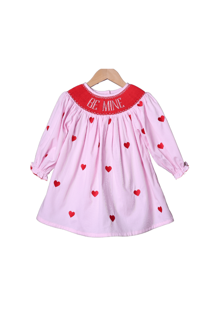 The Smocked Flamingo Apparel & Accessories Smocked Be Mine Embroidered Heart Pink Bishop Dress