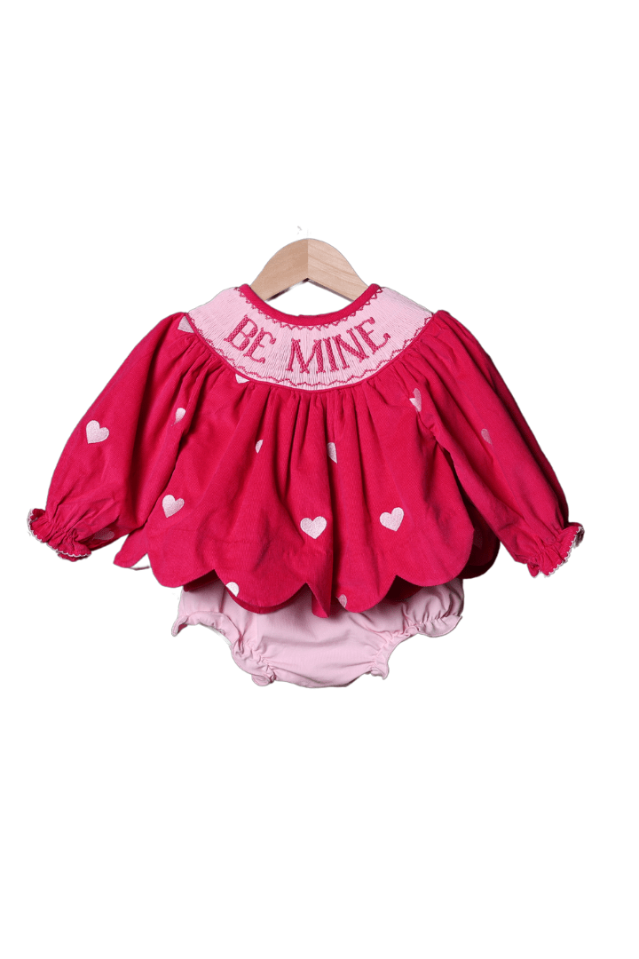 The Smocked Flamingo Apparel & Accessories Smocked Be Mine Hot Pink Corduroy Embroidered Heart Bloomer Set
