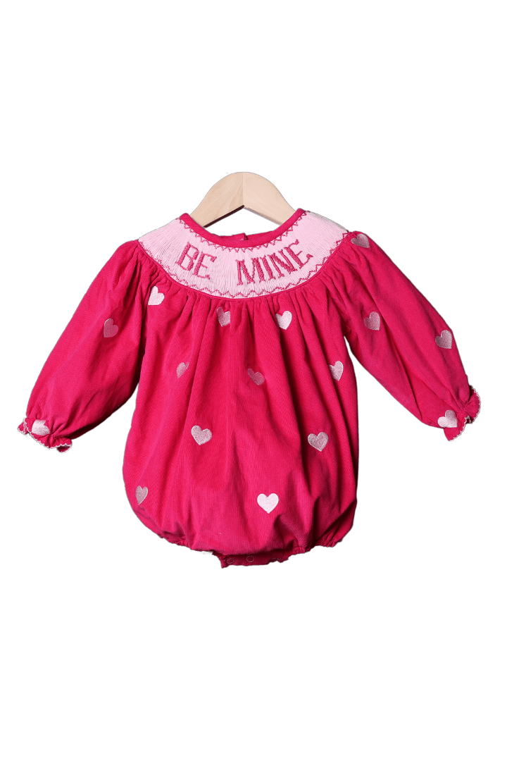 The Smocked Flamingo Apparel & Accessories Smocked Be Mine Hot Pink Corduroy Embroidered Heart Bubble