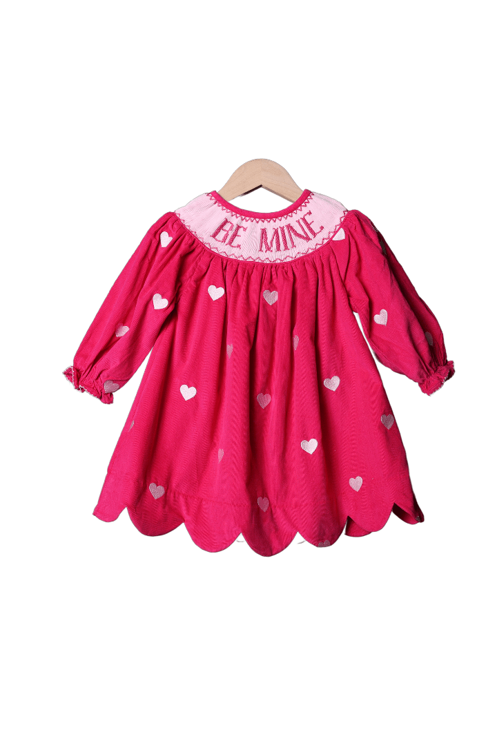 The Smocked Flamingo Apparel & Accessories Smocked Be Mine Hot Pink Corduroy Embroidered Heart Dress