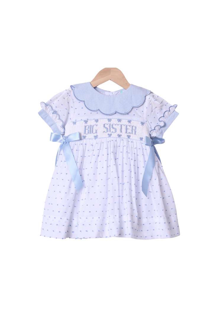 Smocked Big Sister Blue and White Swiss Dot Bow Dress The Smocked Flamingo Smocked Big Sister Blue and White Swiss Dot Bow Dress The Smocked Flamingo