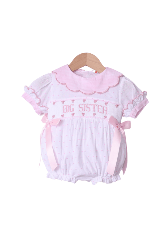 The Smocked Flamingo Apparel & Accessories Smocked Big Sister Pink and White Swiss Dot Bow Bubble
