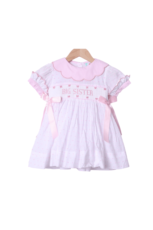 The Smocked Flamingo Apparel & Accessories Smocked Big Sister Pink and White Swiss Dot Bow Dress