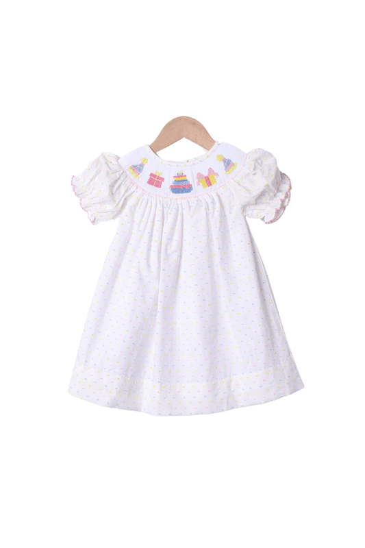 The Smocked Flamingo Apparel & Accessories Smocked Birthday Celebration Pastel Swiss Dot Dress
