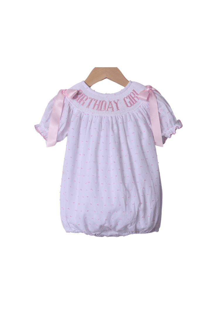 The Smocked Flamingo Apparel & Accessories Smocked Birthday Girl Pink Swiss Dot Bubble