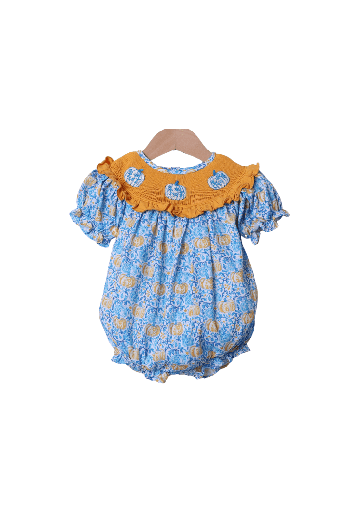 The Smocked Flamingo Apparel & Accessories Smocked Blue Floral Pumpkin Bishop Bubble