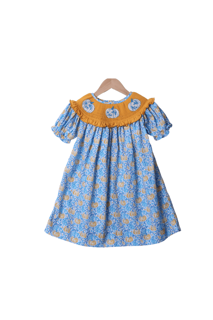 The Smocked Flamingo Apparel & Accessories Smocked Blue Floral Pumpkin Bishop Dress