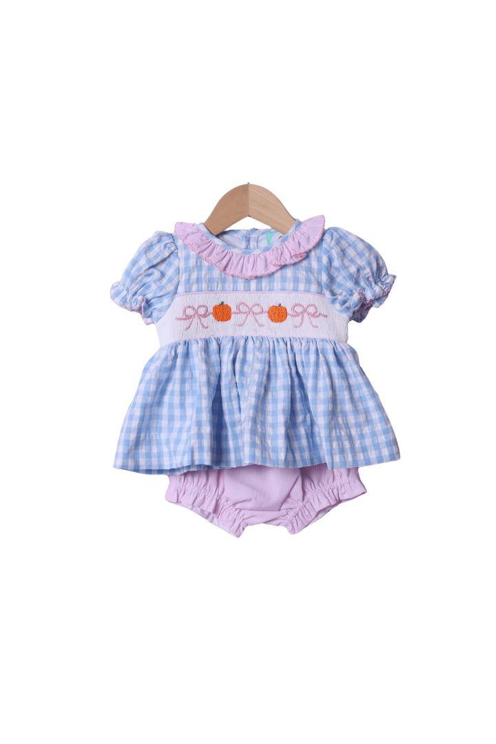 The Smocked Flamingo Apparel & Accessories Smocked Blue Gingham Bow Pumpkin Bloomer Set
