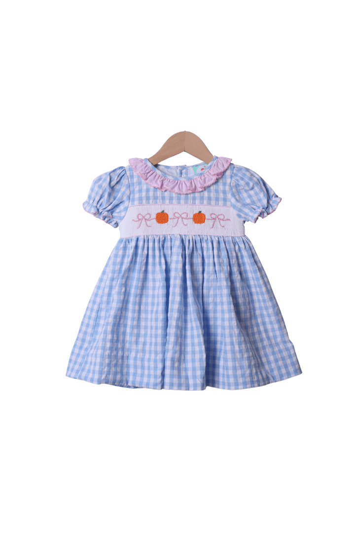 The Smocked Flamingo Apparel & Accessories Smocked Blue Gingham Bow Pumpkin Dress