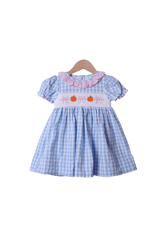 The Smocked Flamingo Apparel & Accessories Smocked Blue Gingham Bow Pumpkin Dress