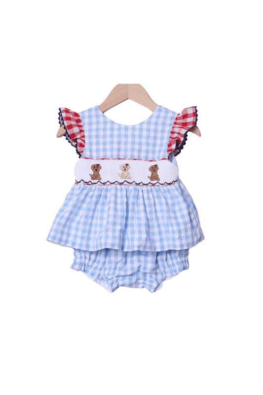 The Smocked Flamingo Apparel & Accessories Smocked Blue Gingham Patriotic Pup Bloomer Set