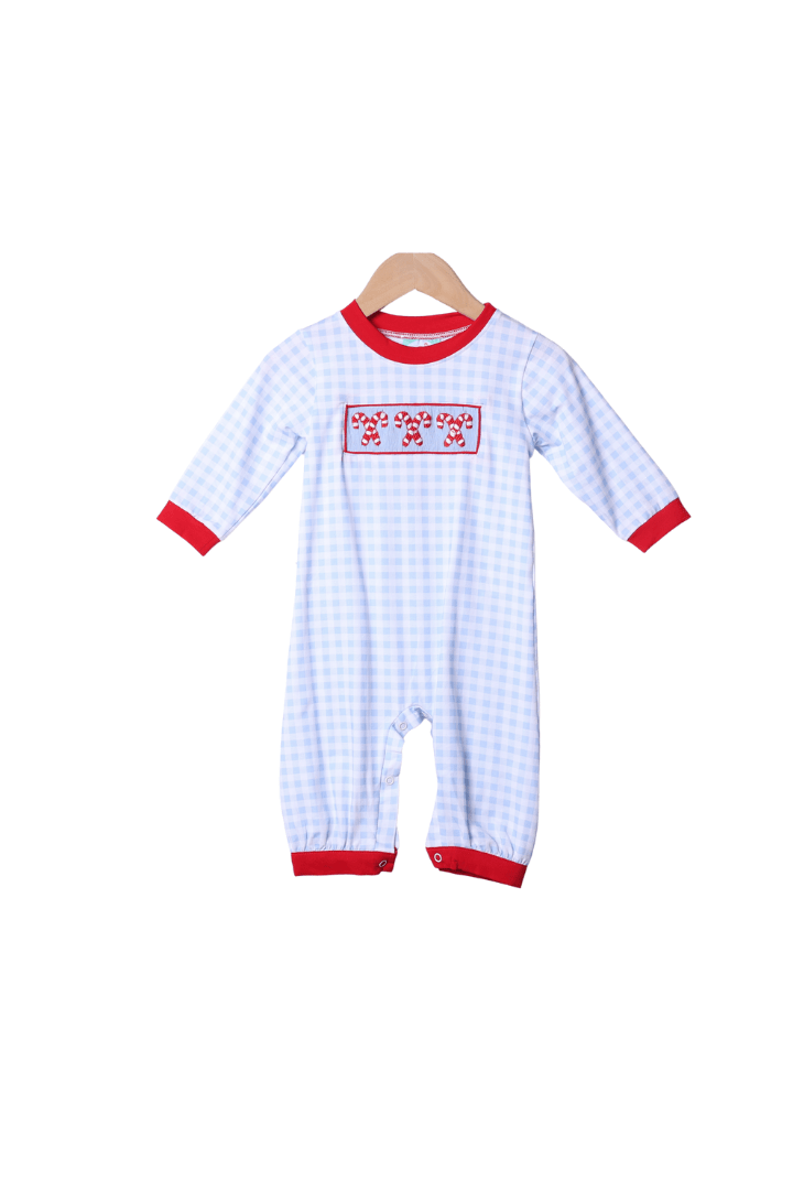 The Smocked Flamingo Apparel & Accessories Smocked Blue Gingham Red Knit Candy Cane Romper