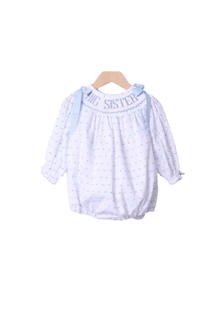 The Smocked Flamingo Apparel & Accessories Smocked BLUE Swiss Dot Big Sister LARGE GROSGRAIN LONG Sleeve Bubble