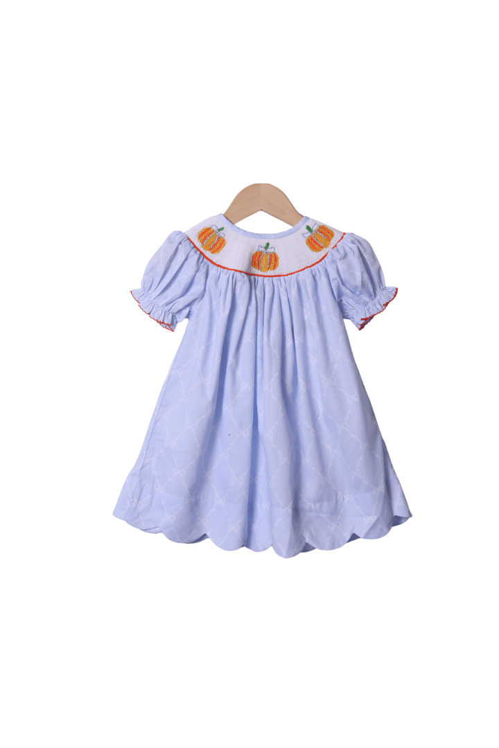 The Smocked Flamingo Apparel & Accessories Smocked Blue Trellis Pumpkin Dress