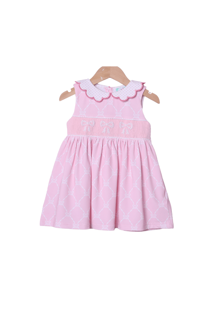 The Smocked Flamingo Apparel & Accessories Smocked Bow Pink trellis Knit Dress