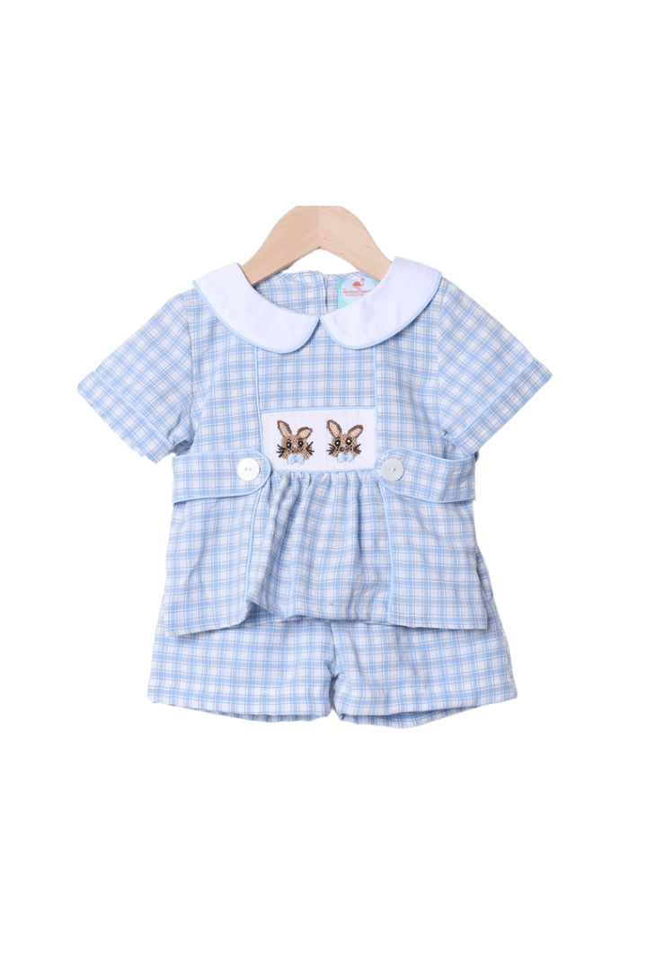 The Smocked Flamingo Apparel & Accessories Smocked Bow Tie Bunny Blue Seersucker Short Set