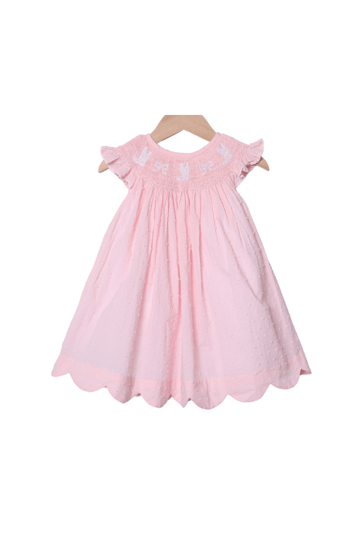 The Smocked Flamingo Apparel & Accessories Smocked Bows and Boots Pink Swiss Dot Scalloped Dress