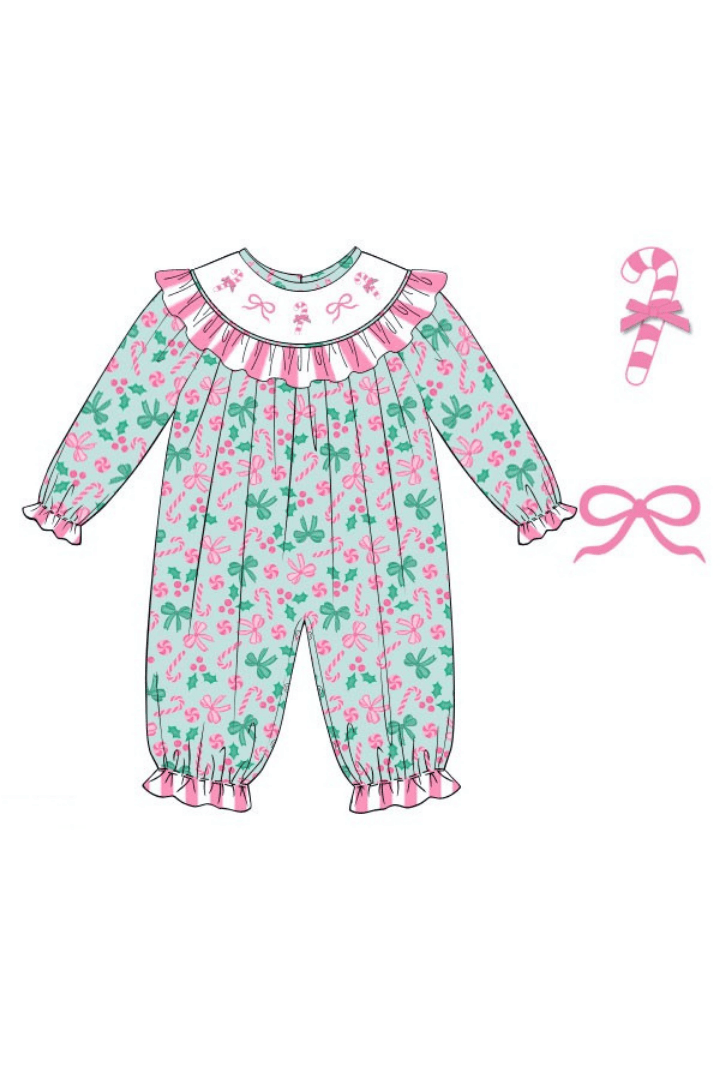 The Smocked Flamingo Apparel & Accessories Smocked Candy Cane Wishes Ruffle Romper