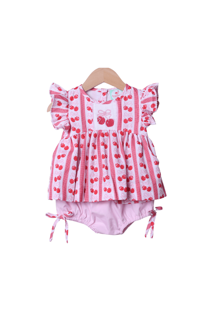 The Smocked Flamingo Apparel & Accessories Smocked Cherry Bow Bloomer Set