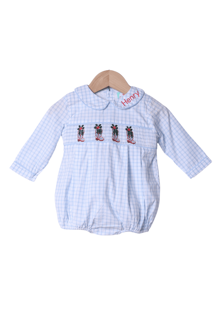 The Smocked Flamingo Apparel & Accessories Smocked Christmas Boots Blue Windowpane Bubble
