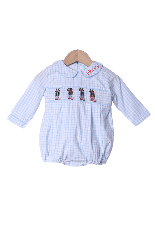The Smocked Flamingo Apparel & Accessories Smocked Christmas Boots Blue Windowpane Bubble