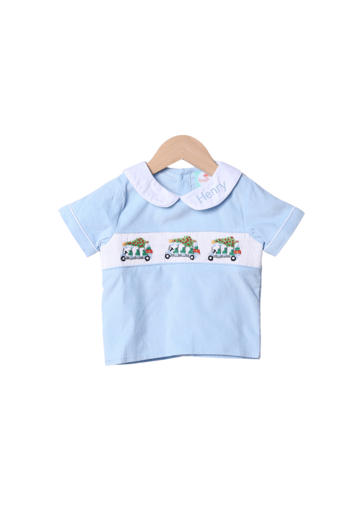The Smocked Flamingo Apparel & Accessories Smocked Christmas Golf Cart Blue Corduroy Shirt