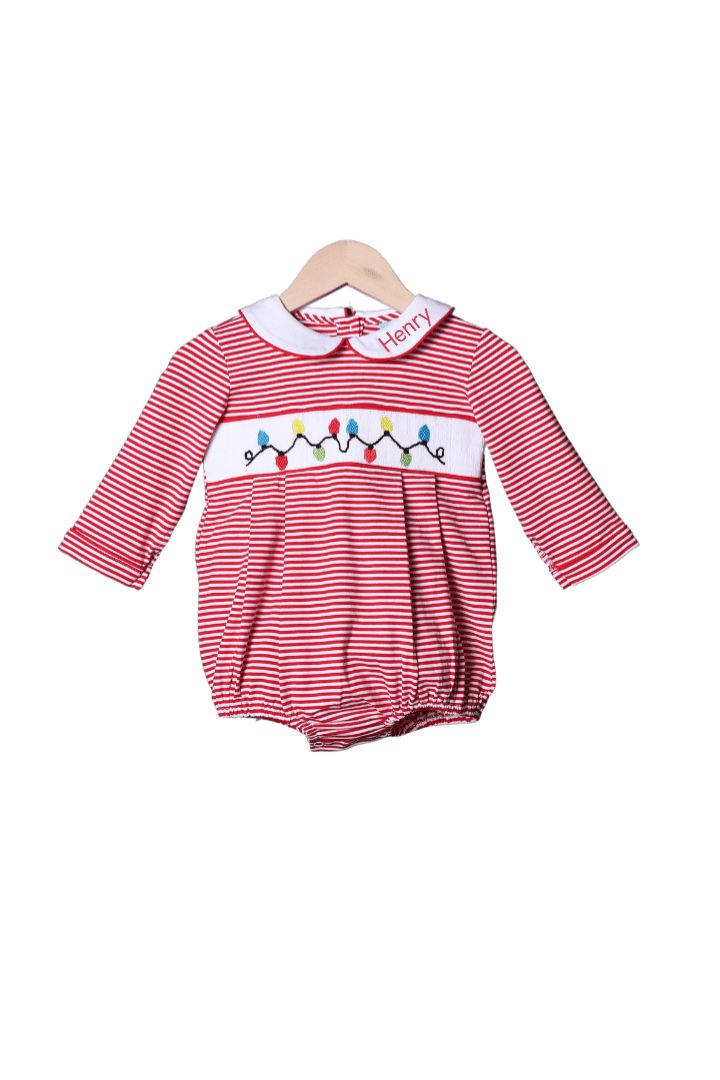 The Smocked Flamingo Apparel & Accessories Smocked Christmas Lights Red Stripe Bubble