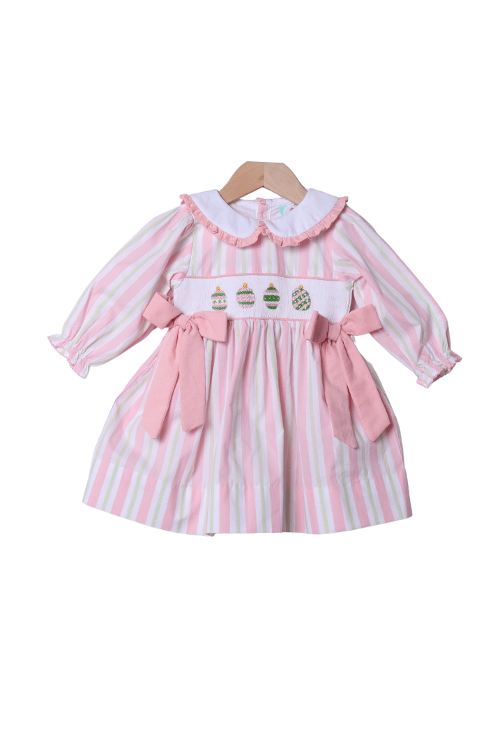 The Smocked Flamingo Apparel & Accessories Smocked Christmas Ornaments Pink and Green Stripe Dress