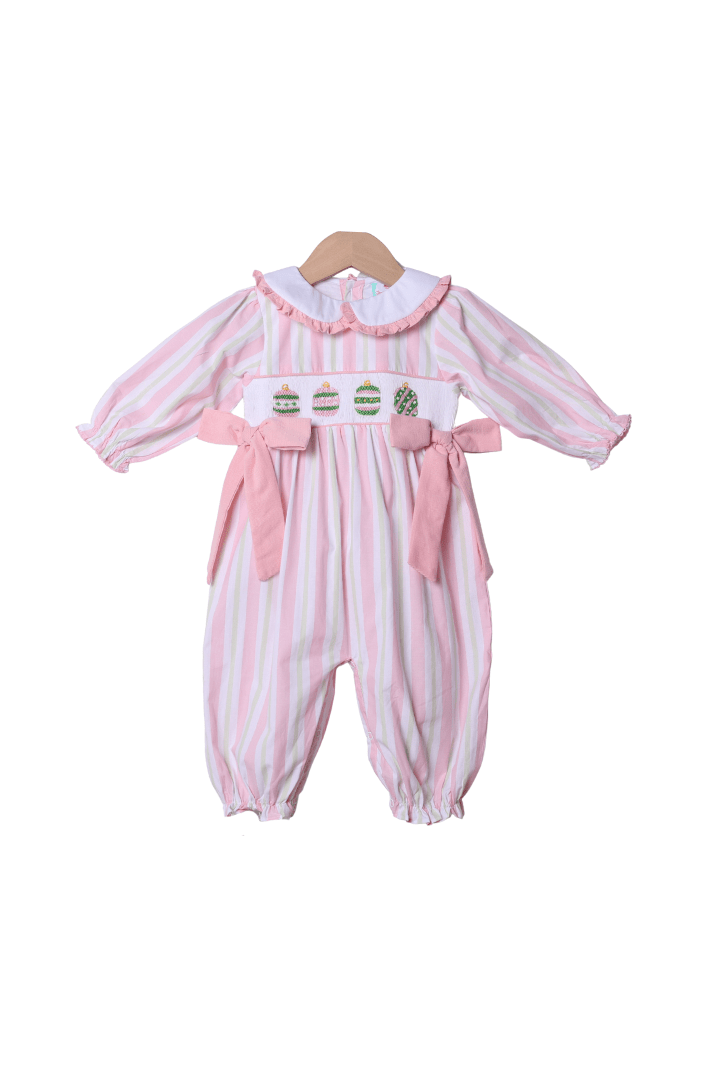 The Smocked Flamingo Apparel & Accessories Smocked Christmas Ornaments Pink and Green Stripe Romper