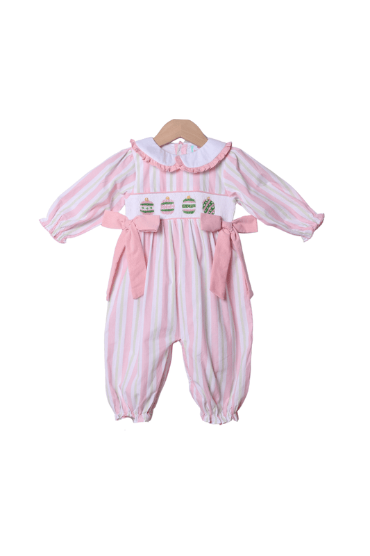 The Smocked Flamingo Apparel & Accessories Smocked Christmas Ornaments Pink and Green Stripe Romper