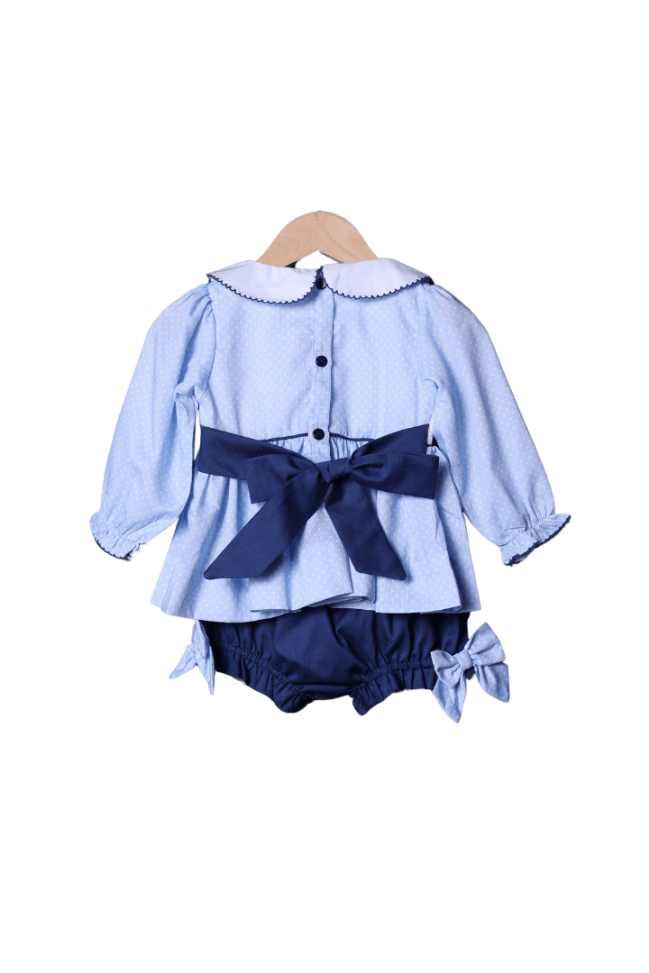 The Smocked Flamingo Apparel & Accessories Smocked Christmas Tree Blue Polka Dot Bow Bloomer Set