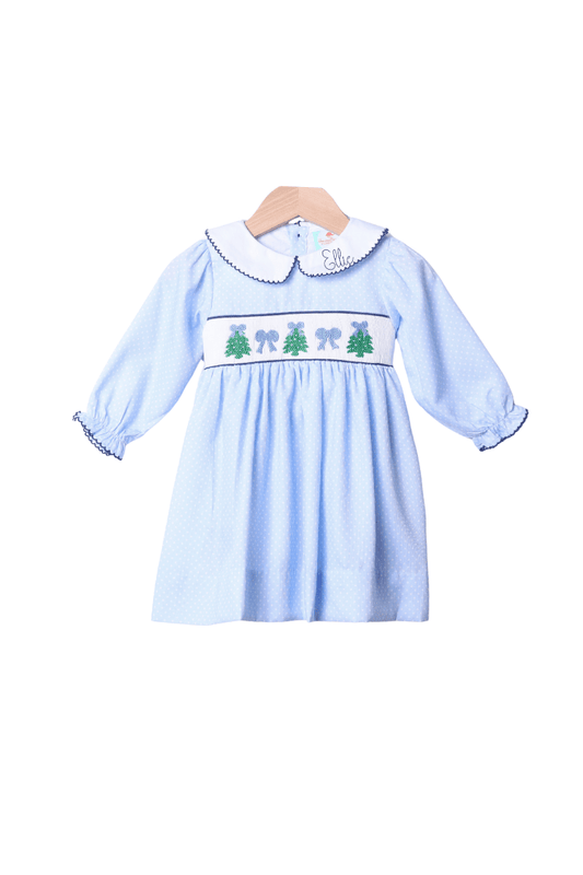 The Smocked Flamingo Apparel & Accessories Smocked Christmas Tree Blue Polka Dot Bow Dress