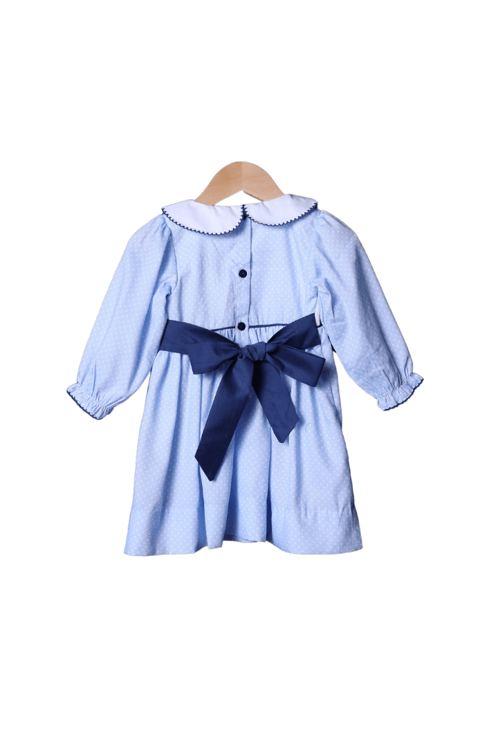 The Smocked Flamingo Apparel & Accessories Smocked Christmas Tree Blue Polka Dot Bow Dress