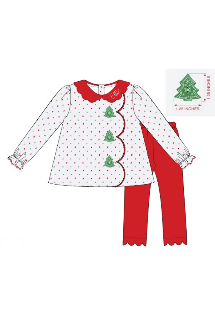 The Smocked Flamingo Apparel & Accessories Smocked Christmas Tree Buttons Swiss Dot Scalloped Pant Set