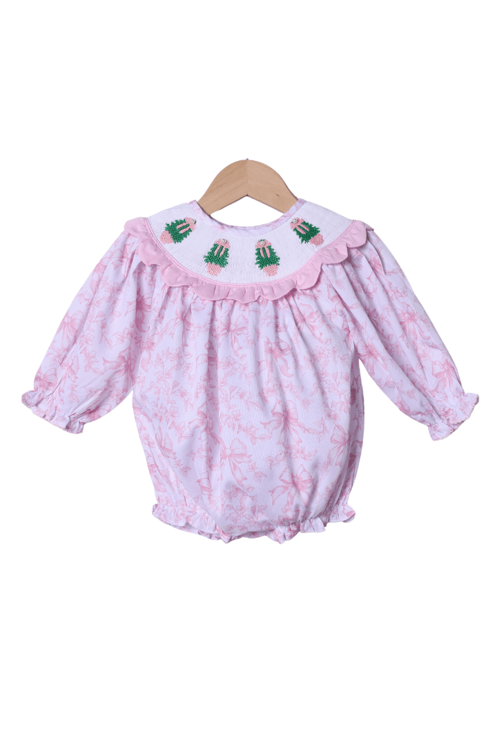 The Smocked Flamingo Apparel & Accessories Smocked Christmas Tree Pink Floral Pearl Scalloped Bubble