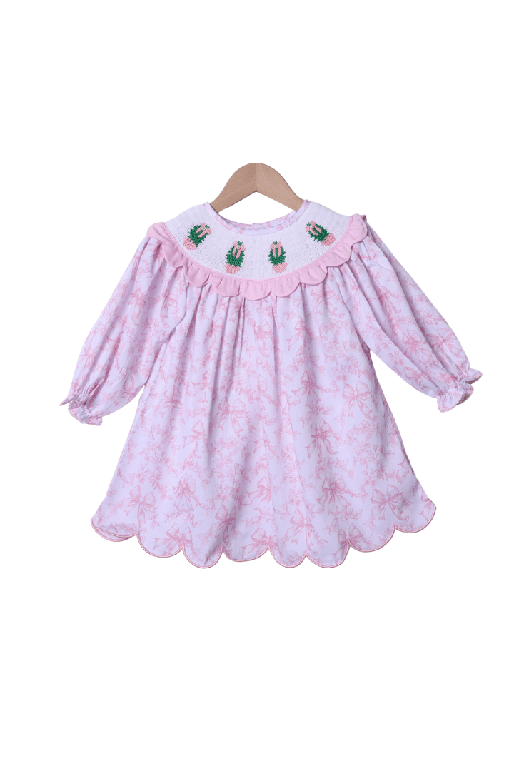 The Smocked Flamingo Apparel & Accessories Smocked Christmas Tree Pink Floral Scalloped Dress