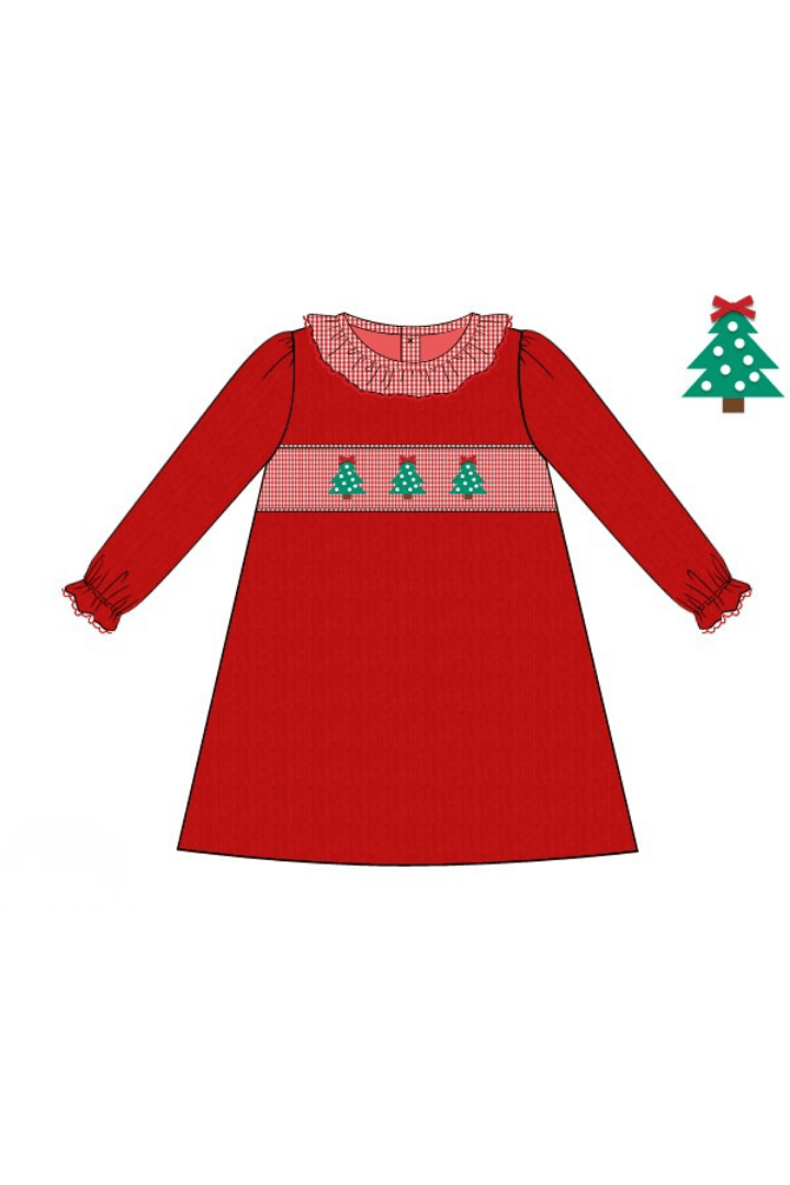The Smocked Flamingo Apparel & Accessories Smocked Christmas Tree Red Corduroy/Gingham Ruffle Dress