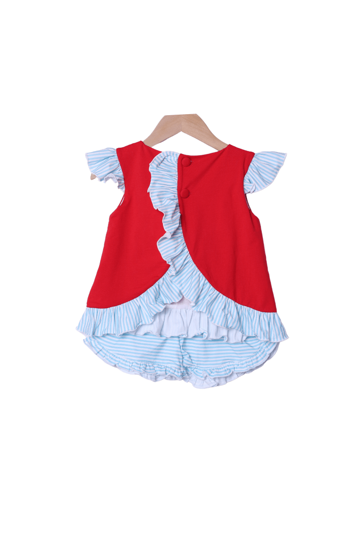 The Smocked Flamingo Apparel & Accessories Smocked County Fair Red/Blue Stripe Ruffle Short Set